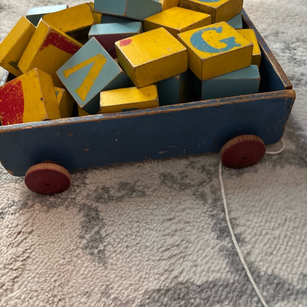 Vintage Classic Wooden Pull Wagon with Yellow & Blue Alphabet Blocks